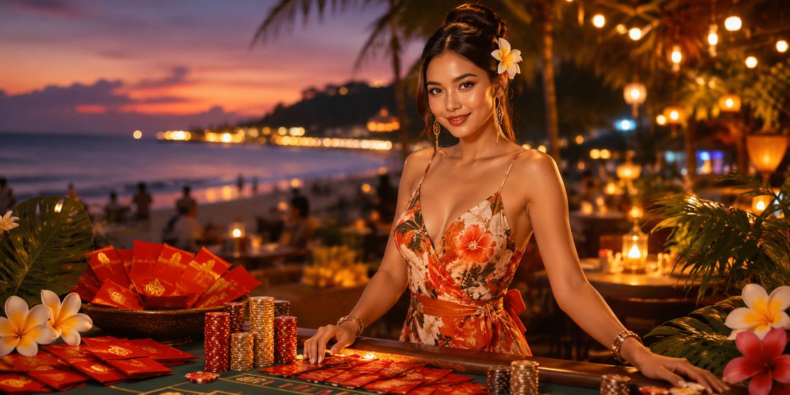 Amplop merah berisi bonus casino di suasana pasar malam yang meriah dan berwarna
