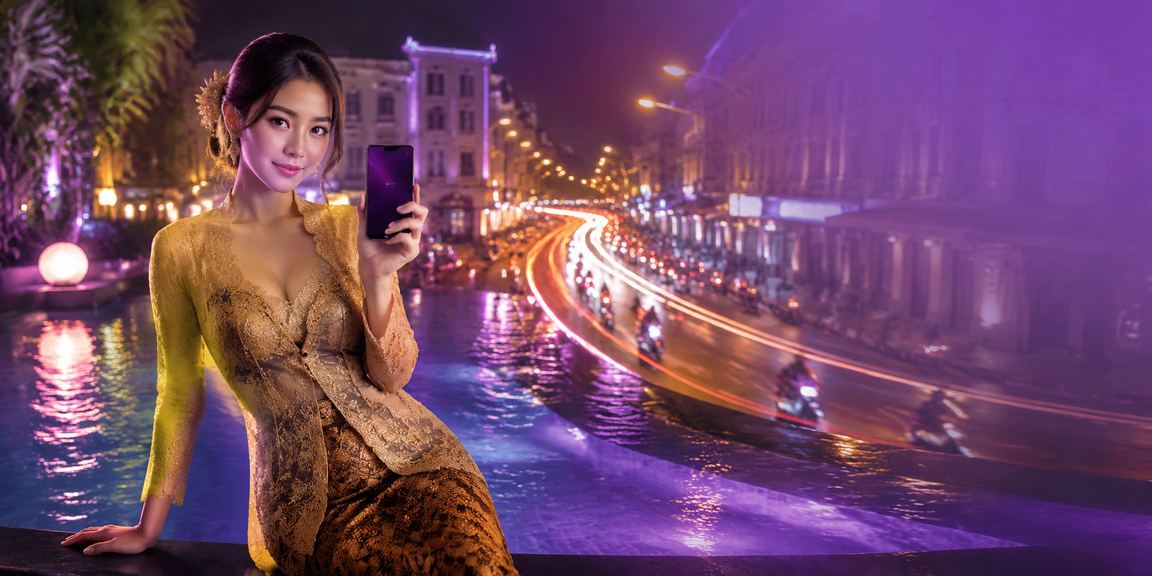 Tampilan neon terang suasana taruhan olahraga dan casino malam hari yang memukau